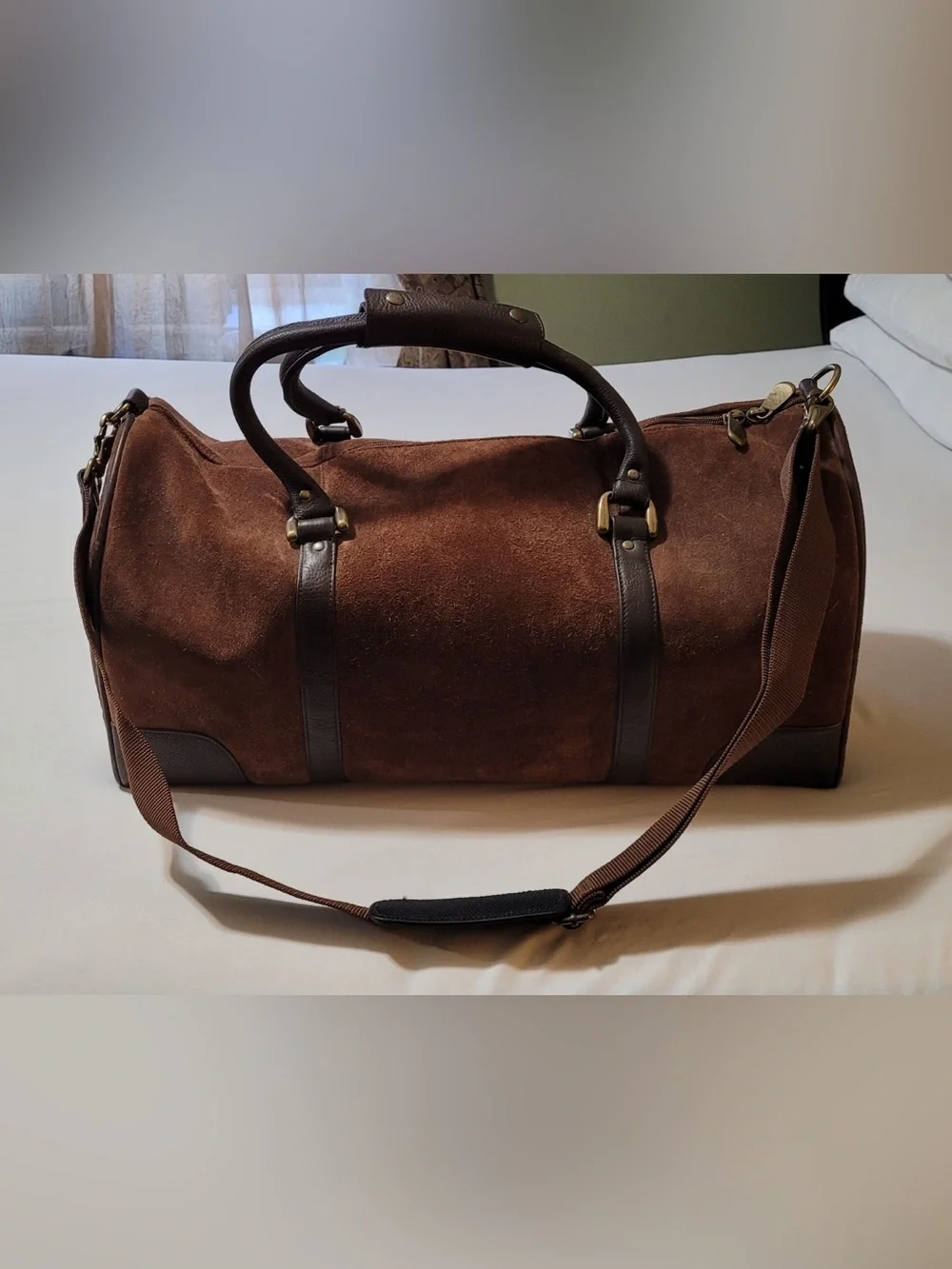 Brown Suede Men's Weekender Duffel Bag with Dark Leather Trim